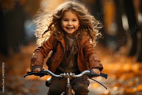 cute cheerful little girl rides a bike in autumn park