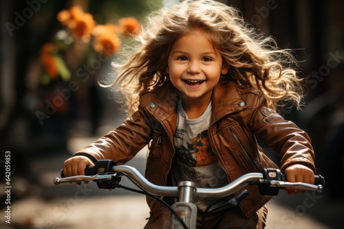 cute cheerful little girl rides a bike in autumn park