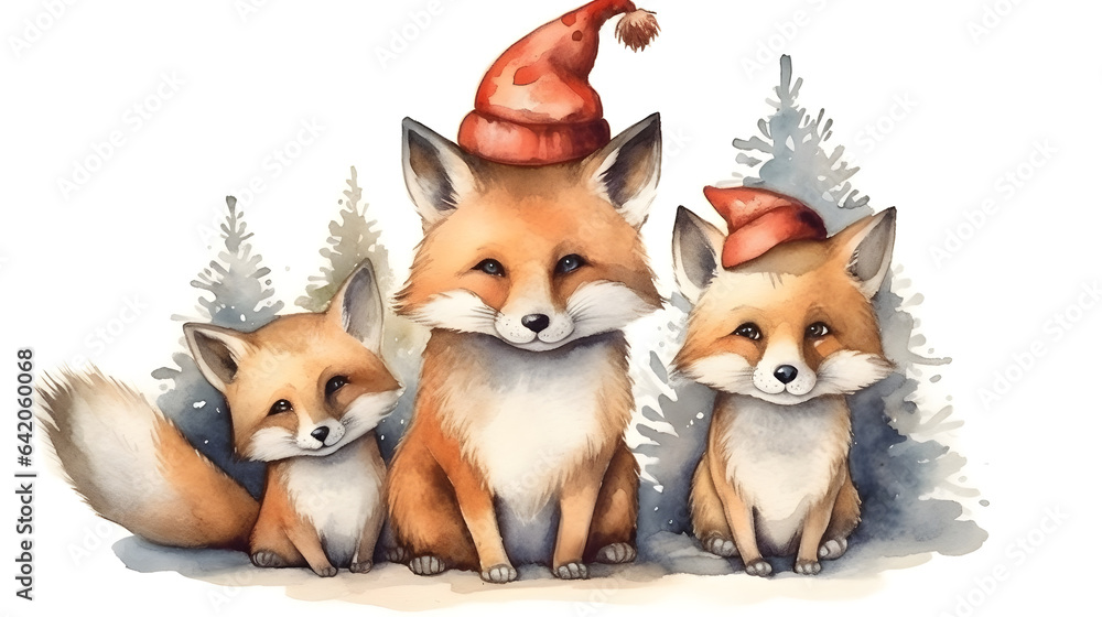 Fototapeta premium Watercolor illustration of family foxes in the Santa Claus hats