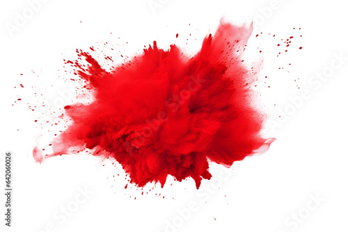 Abstract red color holi paint splashes and motion of red powder festival explosion, colorful dust exploding isolated on white background.