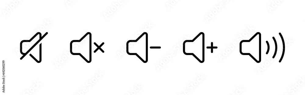 Speaker volume icon set. media player icons , sound, mute, silence, off, cross, plus, minus, voice, icon symbol. audio speaker flat line icon Speaker volume icon set. media player icons , sound, mute, silence, off, cross, plus, minus, voice, icon symbol. audio speaker flat line icon