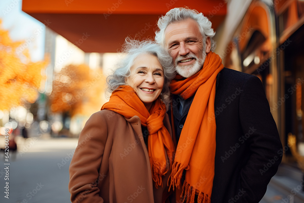 Happy Senior Couple on city street in golden sunny autumn