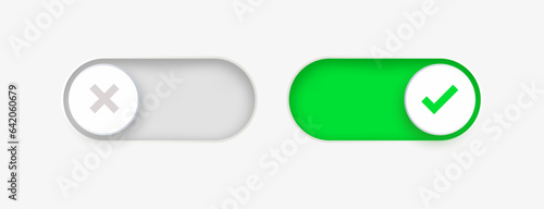on off toggle switch buttons and check mark icon . switch toggle slider icon with right and wrong in red and green buttons. turn on and turn off icons buttons, web UI interface vector illustration