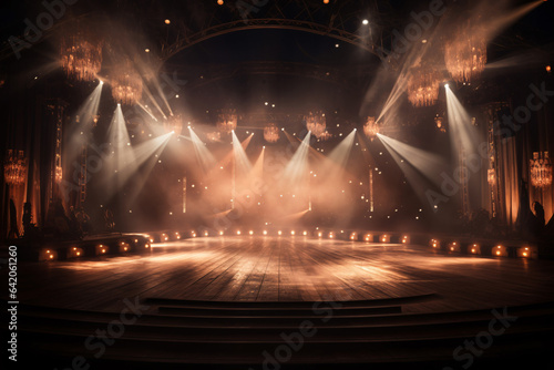 Event stage light background with spotlight illuminated stage for performance show. Empty stage with warm ambiance colors backdrop decoration. Stage lighting design. Entertainment show. 
