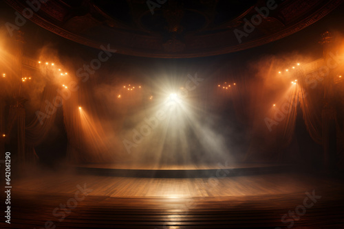 Theater stage light background with spotlight illuminated the stage for opera performance. Empty stage with warm ambiance colors, fog, smoke, backdrop decoration. Entertainment show. photo