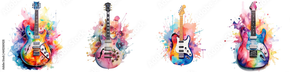 Guitar painted with watercolors against a transparent background