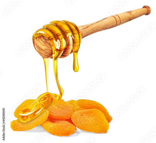 dripping honey on dried apricots isolated on white background