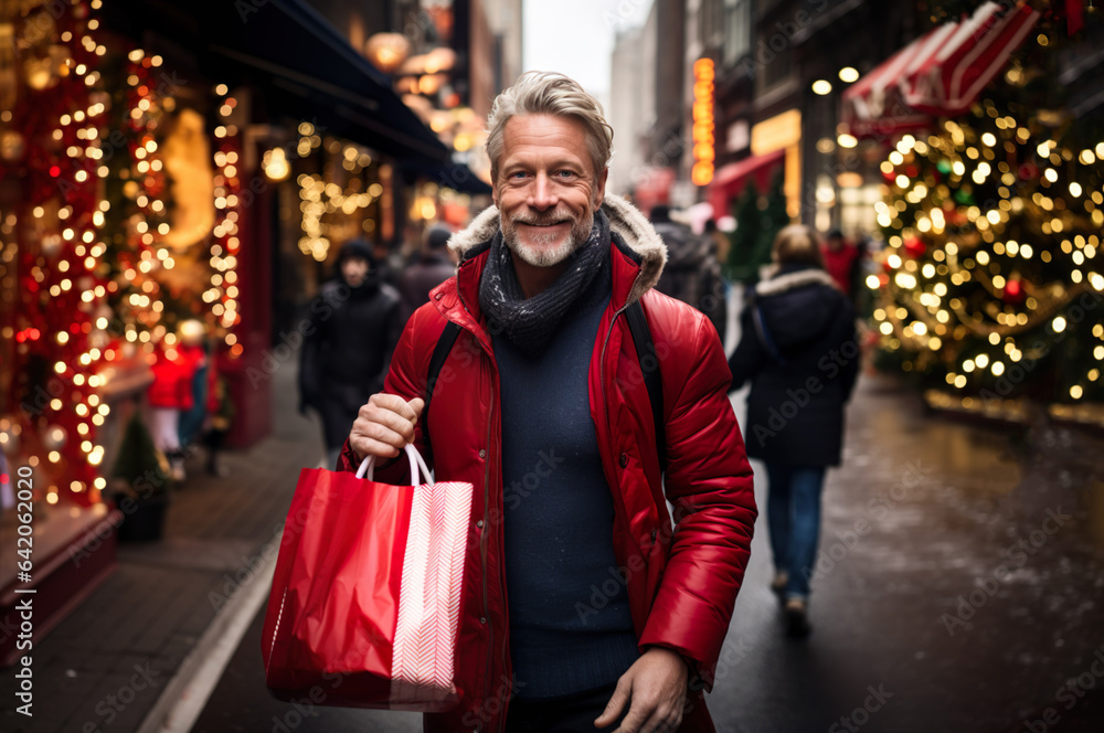 A photo of handsome male during Christmas shopping