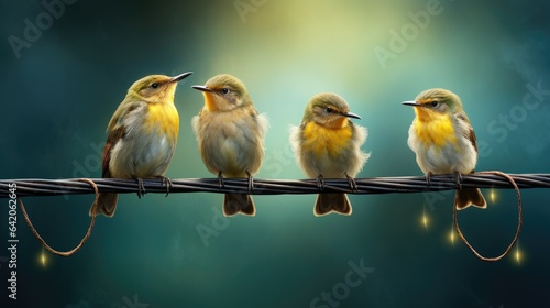 Four birds sitting on wire © kardaska