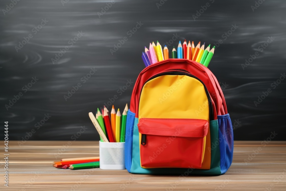 Backpack with school supplies on wooden table Backpack with school supplies on wooden table