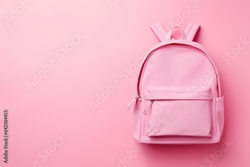Backpack with school supplies top view on pink empty background