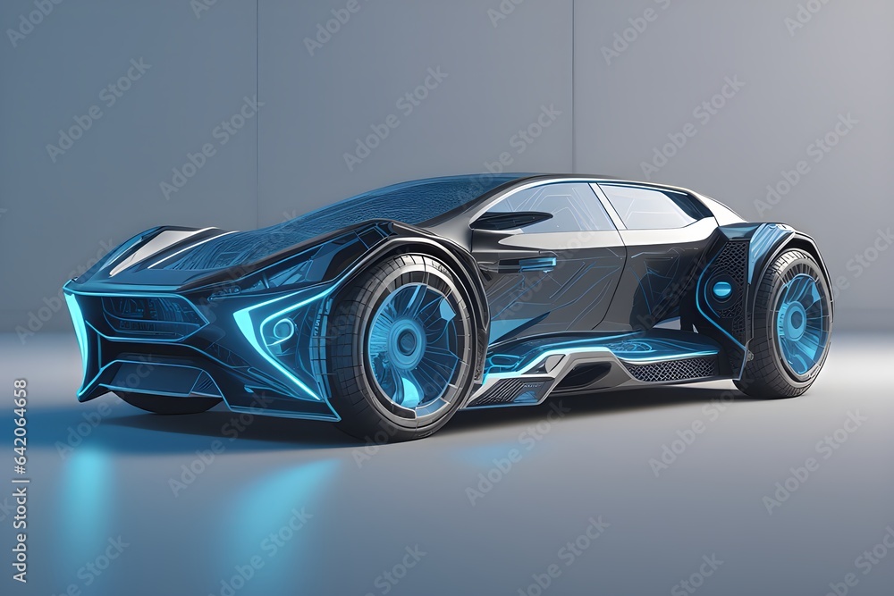Front-facing Futuristic Augmented Reality (AR) Car Wireframe Concept with a Generative AI. Explore an Augmented Reality Wireframe Visualization of an Innovative Car Concept Against, blue background