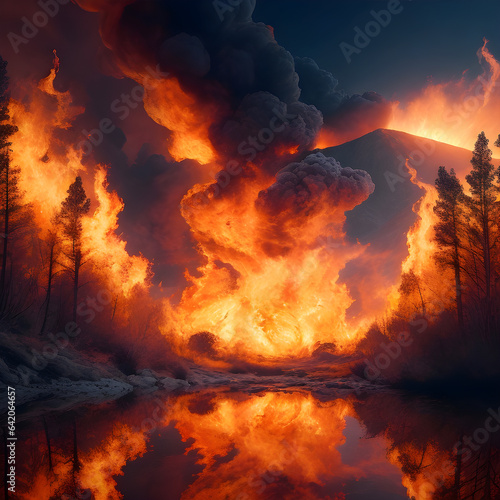 burning landscape in big fire AI Generated image