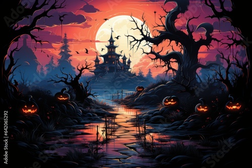 halloween night landscape with moon