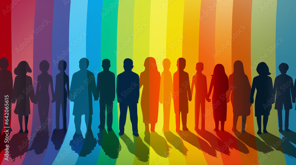 Diverse Team United Against a Vibrant Rainbow-Colored Backdrop