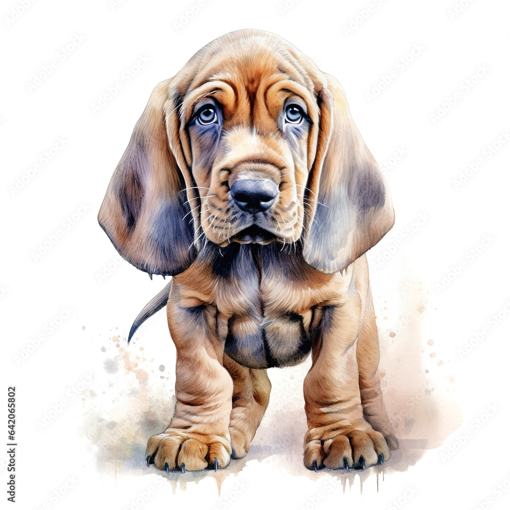 Bloodhound puppy portrait. Stylized watercolour digital illustration of a cute dog with big eyes.