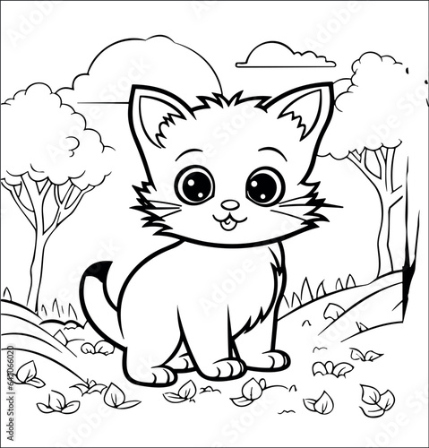 Cute cat in the forest coloring pages for kids - coloring book