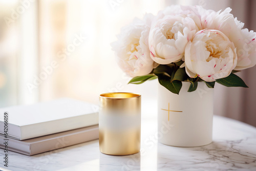 Elegant Peony Workspace. A stylish workspace with a vase of peonies, creating an elegant and feminine office ambiance.
