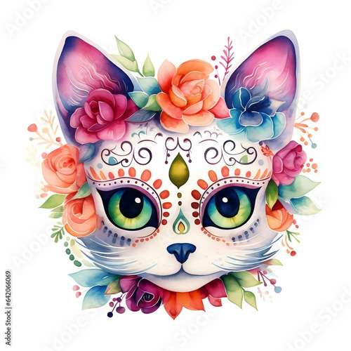 Watercolor portrait of the cat with roses