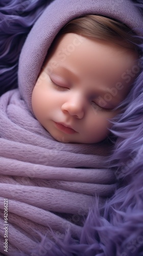 Napping baby against a gentle purple setting.