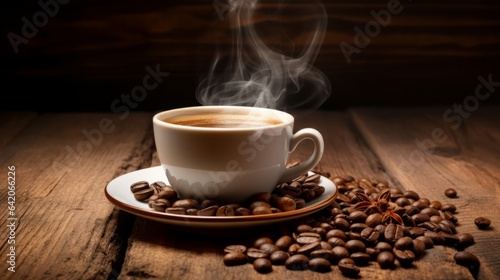 a steaming cup of coffee on a rustic wooden table