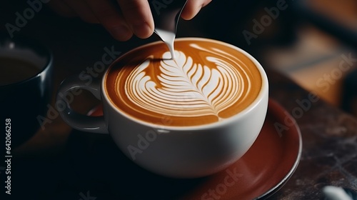 a beautifully decorated cappuccino with a perfectly drawn leaf design on top photo