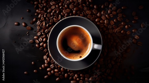 a steaming cup of coffee with coffee beans spread around it