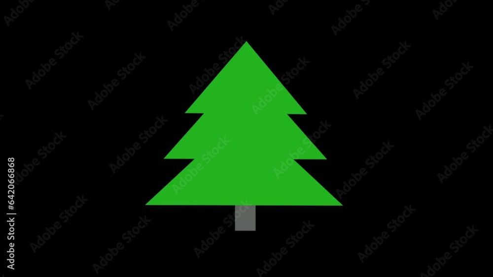 Illustrated animation of a green Christmas tree with colorful Christmas balls on a black background, close-up, 2D. Illustrated animation of a green Christmas tree with colorful Christmas balls on a black background, close-up, 2D.
