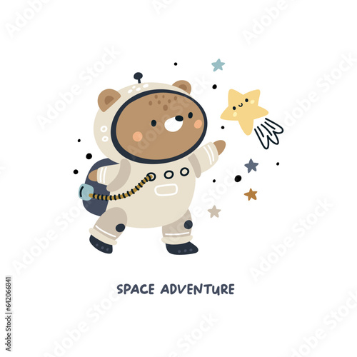 Cute cartoon bear astronaut with star. Animal, stars, universe, childish print. Space illustration for kids isolated white background. Adventure baby print