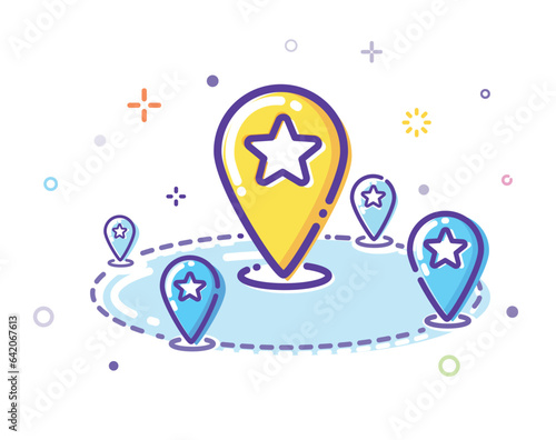 Illustration of a network of locations. Outline illustration in MBE style
