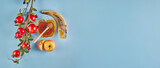 Rosh hashanah banner - jewish new year holiday concept. Bowl in the shape of an apple with honey, apples, pomegranates, shofar on blue background