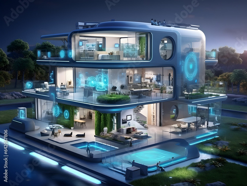 Interior illustration of futuristic smart home with artificial intelligence building concept 