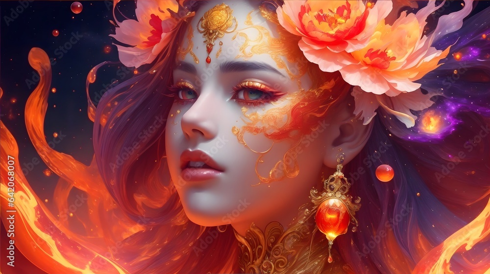 Abstract portrait of A beautiful girl with flower-adorned hair, surrounded by a captivating fusion of fire and water.