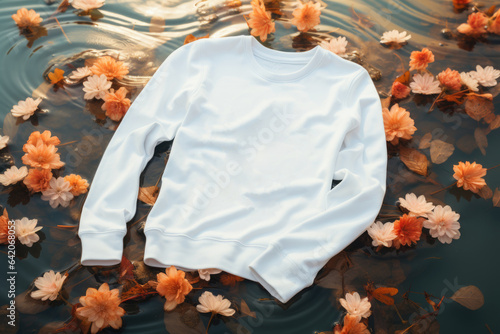 White sweatshirt mockup floatinf on water surface, AI Generative photo