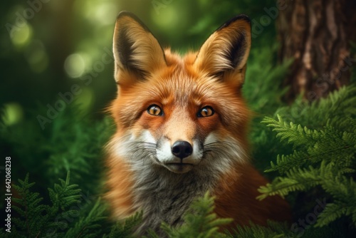Red fox in the green forest. Generative Ai wild animal