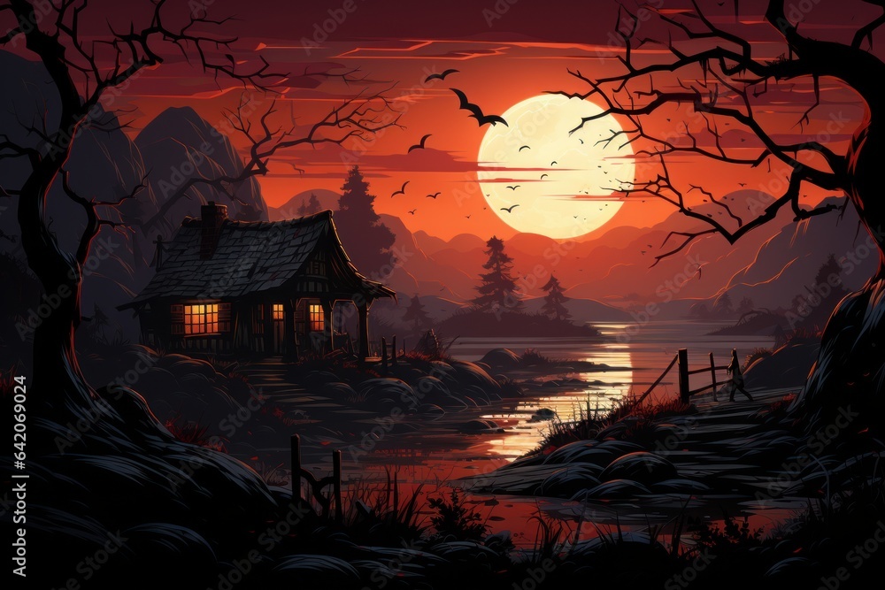 Halloween scene, halloween background with bats, moon view, Halloween night background, Halloween night scene, Halloween background with house,