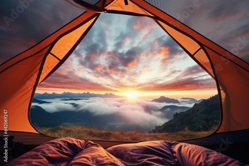 Beautiful view from the tent to the mountains at sunset. Travel adventure in mountains, sunrise light. Outdoors camp generated by AI