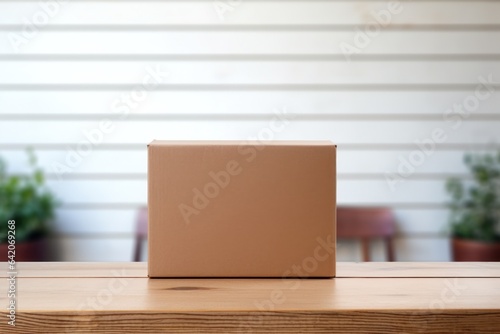 Craft blank cardboard package box on wood table. Generative AI image © SD Danver