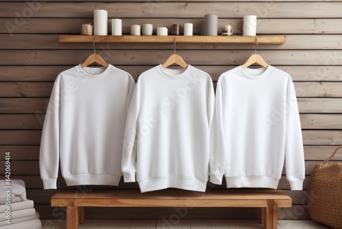 White tshirt mockup on hanger on wooden background at home, AI Generative