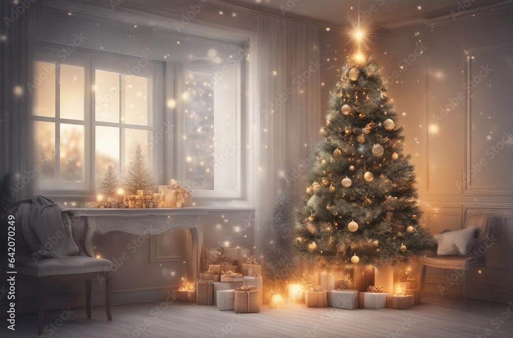 Christmas New Year interior with magic glowing tree
