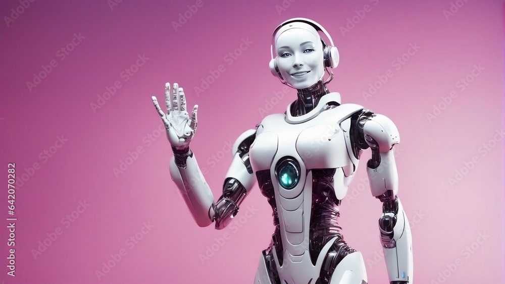 Futuristic Cyborg Robot Greeting by Waving hand, Smiling, Happy, Positive, Female, Welcoming gesture, Saying Futuristic Cyborg Robot Greeting by Waving hand, Smiling, Happy, Positive, Female, Welcoming gesture, Saying