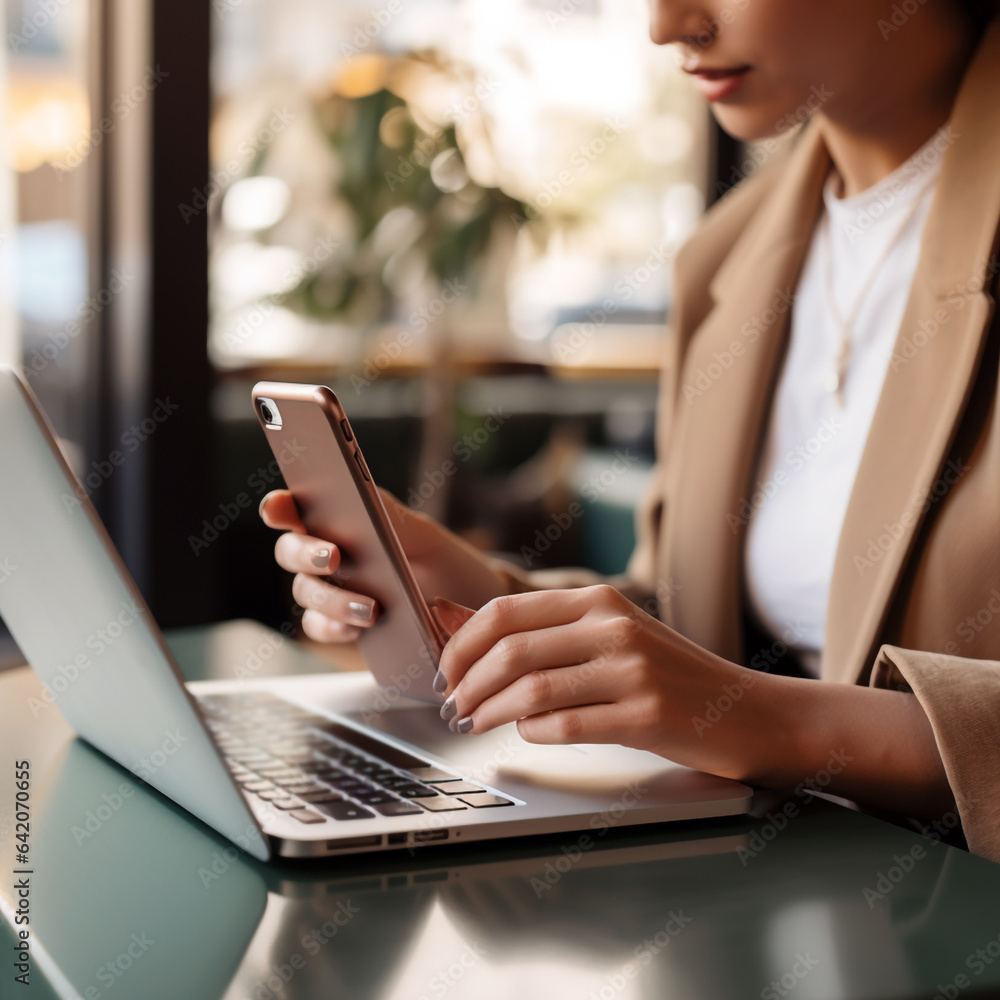 woman using laptop in cafe, legal AI woman using laptop in cafe, legal AI