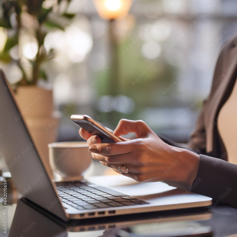 Business woman with laptop and smartphone in cafe, legal AI