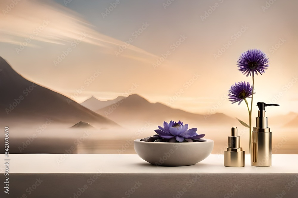 Natural beige backdrop for cosmetic items with a stone podium and dried flower in front of a white background