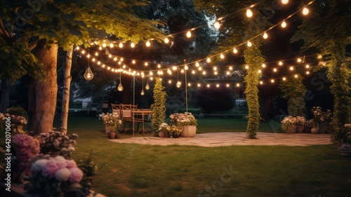 Garden with outdoor string lights, wooden floor planks, candles and lamps in the evening created with Generative AI