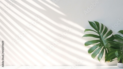 minimalistic interior design with a tropical plant in a bag on the background of a white wall illuminated by the rays of the sun  legal AI