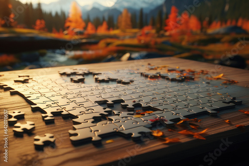 Puzzles on a wooden table against the backdrop of autumn mountains. AI generative.