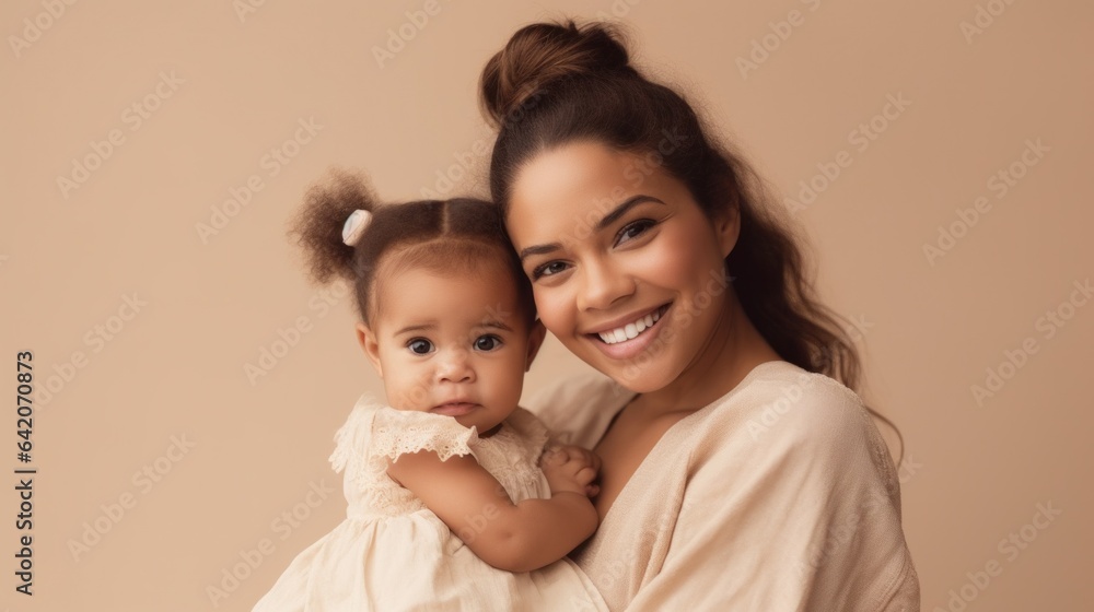 Love and happiness radiate from a mother and her baby in a studio pose. Generative AI Love and happiness radiate from a mother and her baby in a studio pose. Generative AI