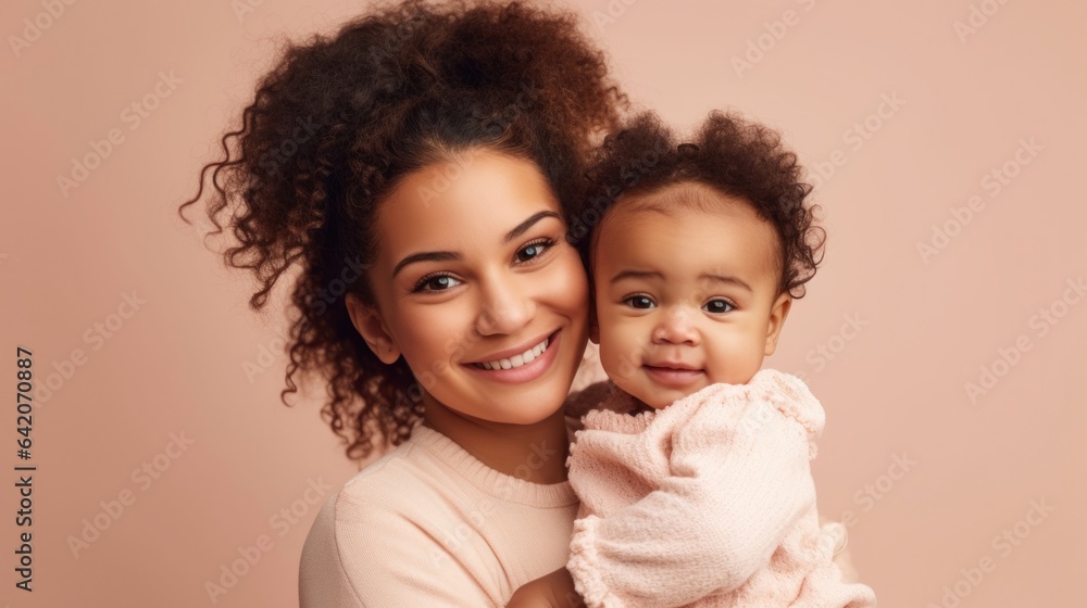 A loving mother smiles, holding her baby against studio background. Generative AI A loving mother smiles, holding her baby against studio background. Generative AI