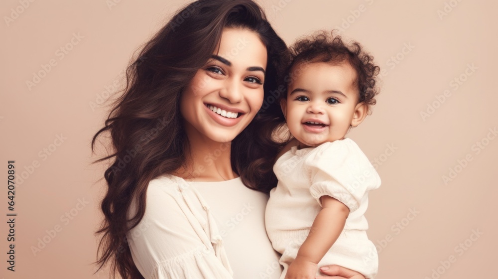 Portrait of a loving a mother and her baby smiling joyfully. Generative AI Portrait of a loving a mother and her baby smiling joyfully. Generative AI